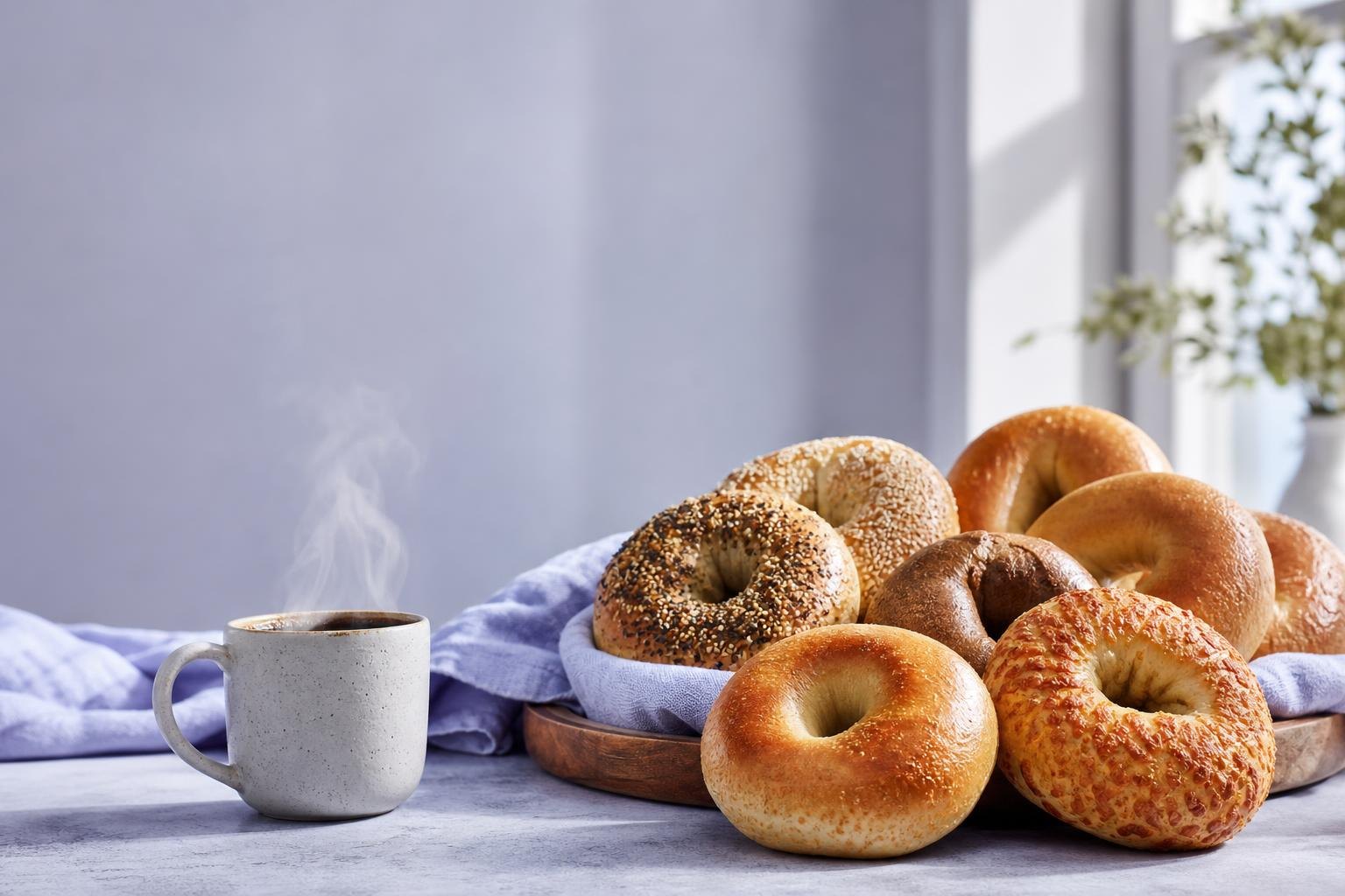 Fresh assorted bagels beside a cup of steaming coffee